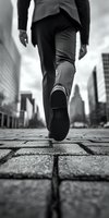 Low angle black and white view of businessman walking on cobblestone street with urban skyscrapers in background, dramatic perspective focused on shoe and suit pants.