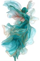 Abstract flowing turquoise and coral ink art with translucent layers creating ethereal movement on white background, suitable for modern interior decor.