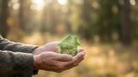 Hands gently holding green house model in forest setting with warm sunlight, representing eco-friendly real estate and sustainable living concepts.