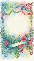 Watercolor floral frame with roses, swirls, and ribbon banner in pastel pink, teal, and green tones, perfect for greeting cards and invitations.