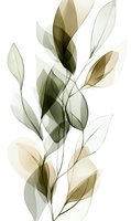 Translucent olive and beige leaf silhouettes arranged in elegant composition on white background, creating ethereal botanical art for interior decor.