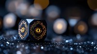Black gaming dice with golden mystical eye symbol on dark glittery surface against blurred bokeh lights background, creating magical atmospheric mood.