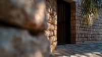 Rustic stone wall entrance with wooden door frame and palm frond shadow creating atmospheric mood. Natural sunlight casts dramatic shadows on textured surface.