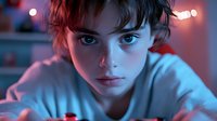 Young person in white t-shirt illuminated by dramatic neon lighting, with intense gaze and freckled face against dark background with bokeh lights creating moody atmospheric portrait.