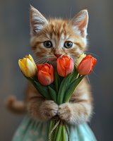 Adorable ginger kitten in mint green dress holding spring tulip bouquet with orange and yellow flowers, perfect for greeting cards and seasonal holiday designs.