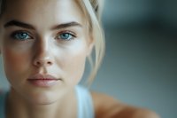 Close up portrait of young woman with blonde hair and striking blue eyes looking directly at camera with natural makeup and serene expression against blurred background.