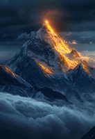 Majestic mountain peak illuminated by golden sunlight breaking through dark storm clouds, creating dramatic contrast between warm and cool tones above misty valleys.