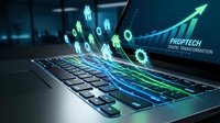 Modern laptop with holographic digital transformation arrows and gears emerging from keyboard in futuristic blue-green light for business technology concepts.