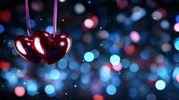 Two glossy red heart ornaments hanging against blurred festive bokeh background in blue and pink tones, romantic holiday celebration atmosphere.