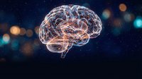 Glowing neural network brain with electric pathways on dark starry background. Artificial intelligence, machine learning, neuroscience concept for technology presentations.