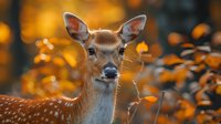 Young female fallow deer portrait in autumn forest with orange foliage background, close up view of spotted deer face showing gentle expression and alert ears.