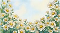 Watercolor chamomile flowers border with soft sky background, white daisies and green leaves, copy space for text, spring nature art.