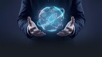 Businessman in dark suit holding glowing digital globe with network connections and rocket icon, representing global business growth, innovation, and technology expansion opportunities.
