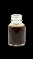 Small glass bottle filled with dark brown liquid, isolated on transparent background. Ready for sticker, label, clipart, print on demand, and T-shirt design use.