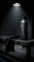 Weathered metal water bottle with cloth on wooden bench under dramatic overhead light in dark industrial setting.