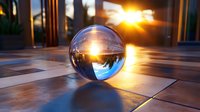 Crystal ball on tiled floor reflecting sunset sky and buildings, with dramatic lens flare and golden sunburst creating magical atmosphere at dusk.