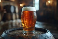 Cold glass of craft beer with foam head and condensation drops on wooden barrel in pub atmosphere with warm bokeh lights. Perfect for beverage marketing.