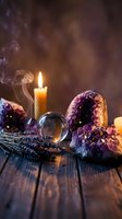 Mystical crystal ball with amethyst geodes, burning candles and lavender creating atmospheric spiritual meditation scene on rustic wooden table.