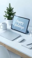 Minimalist Christmas workspace with tablet displaying Happy Holidays, small decorated tree, mug, and mouse on a clean white desk.