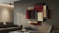 Modern living room interior with geometric wall art featuring red and beige squares, contemporary furniture and ambient lighting for home decor.