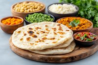 Fresh naan bread served with traditional Indian side dishes including rice, chickpeas, green peas, and spicy curry sauces on wooden board against light background.