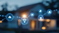 Smart home automation network with connected devices and wifi symbols on blurred house background at dusk, showing IoT technology concept.