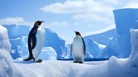 Emperor penguins standing on snow-covered ice against blue glacier background in Antarctica. Majestic wildlife scene shows natural habitat of polar birds.