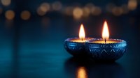 Traditional oil lamps with glowing flames create warm ambiance against bokeh lights background for festive celebrations and spiritual ceremonies.