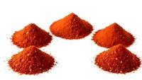 Five piles of red paprika powder spice isolated on white background for culinary cooking and seasoning applications.
