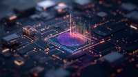 Futuristic microprocessor with glowing holographic data visualization rising from central chip, surrounded by circuit components in purple and orange light.