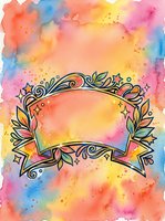Vibrant watercolor background with decorative ornamental banner featuring floral and star elements, isolated on white for design projects and creative compositions.