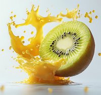 Fresh kiwi half with explosive orange juice splash on light background, dynamic food photography capturing motion and vibrant colors in studio lighting.