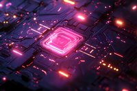 Glowing pink microprocessor core on dark circuit board with neon lights and electronic pathways, futuristic technology concept for computing and AI advancement.
