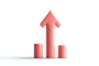 Living coral colored arrow pointing upward between two columns on white background, minimal business concept representing growth and success.