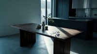 Modern minimalist kitchen interior with dark wooden dining table and natural sunlight streaming through window creating dramatic shadows on concrete floor.
