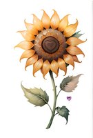 Beautiful stylized sunflower illustration with heart-shaped center and delicate orange petals, perfect for greeting cards, wall art, and romantic botanical designs on white background.