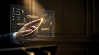 Business professional hand touching holographic interface displaying strategy and growth analytics with glowing charts and financial data visualization.