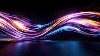 Glowing abstract wave pattern with vibrant purple, orange and blue light streaks flowing smoothly against dark background, creating dynamic motion effect.