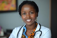 Professional African American female doctor smiling warmly in medical office wearing white coat and stethoscope for healthcare marketing materials.