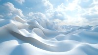 Pristine snow drifts stretching to horizon under bright blue sky with fluffy white clouds, creating smooth rolling waves of fresh powder in winter landscape.