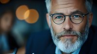 Professional mature businessman with glasses and gray beard smiling confidently in modern office environment with warm bokeh lighting background.