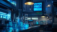 Laboratory glassware with glowing blue liquid on dark counter, dramatic lighting from pendant lamp and screens, moody scientific research atmosphere.