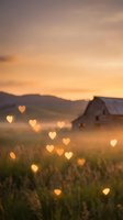 Romantic countryside sunset with glowing heart-shaped bokeh lights over rural farmhouse and rolling hills creating dreamy atmosphere for love concepts.