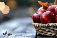 Fresh red apples in wicker basket on rustic wooden table with autumn leaves and warm bokeh lights creating cozy fall harvest atmosphere for seasonal cooking.