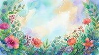 Watercolor floral border with vibrant pink and coral flowers, lush green leaves, and soft pastel sky background for cards and invitations.