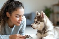 Young woman bonding with adorable husky puppy at home. Pet adoption, companionship and unconditional love between human and dog in cozy living space.