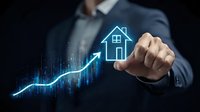 Professional in business suit pointing at glowing house icon with rising financial graph, representing growth in real estate market and property investment trends.