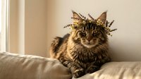 Tabby cat wearing decorative flower crown sitting on beige sofa near window, playful pet portrait for home decor and animal lovers.