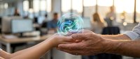 Young and senior hands connecting with glowing digital brain hologram in modern office, representing intergenerational knowledge transfer and mentorship.