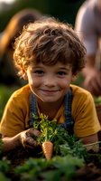 Young boy with curly hair wearing yellow shirt and overalls smiles while harvesting fresh carrots from garden soil during golden hour sunset lighting.